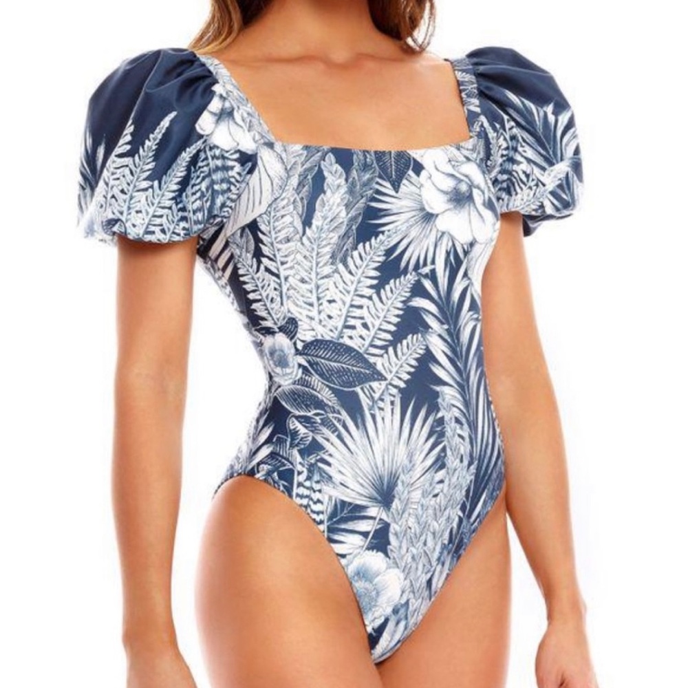 3XL!!! Agua Bendita Palma Helios One Piece Swimsuit: Blue Tropical Floral Palm